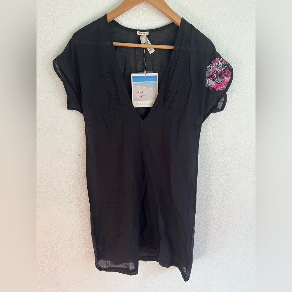 Diesel Y2K Embroidered Black 100% Cotton Swim Cover Up Mini Dress Medium